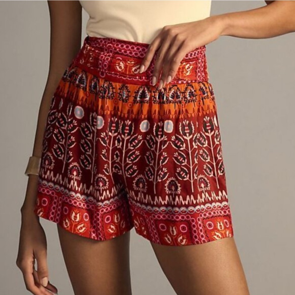 Anthropologie Ruched Wide Leg Shorts Boho Print Red Pink Orange
Size L